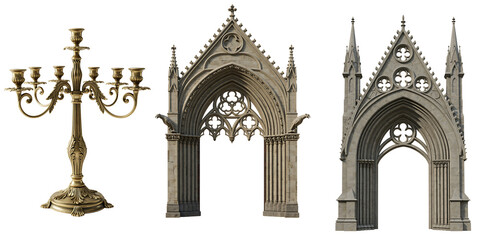 Ornate gothic architectural elements and a brass candelabra on black background