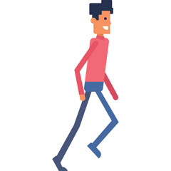 Pixelated Man Walking in a Pink Shirt and Blue Jeans with a Happy Expression and Dark Hair on a Transparent Background