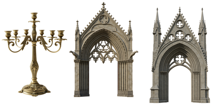 Ornate gothic architectural elements and a brass candelabra on black background