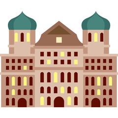 Pixel Art Representation of a European Style Building with Twin Green Domes and Yellow Illuminated...