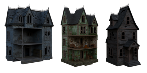 Three eerie gothic haunted houses against a dark background
