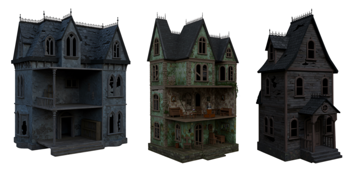 Three eerie gothic haunted houses against a dark background