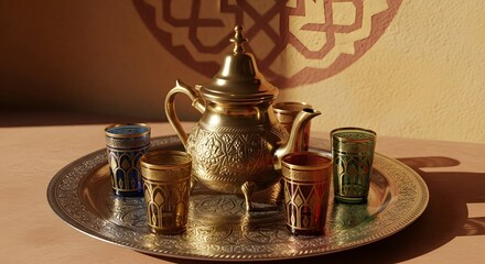 Moroccan brass teapot with decorated tea glasses on ornate tray