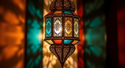 Traditional moroccan lantern casting intricate colored light patterns