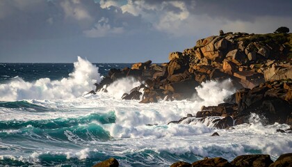 Ocean Waves Crashing on Rocky Coastline.