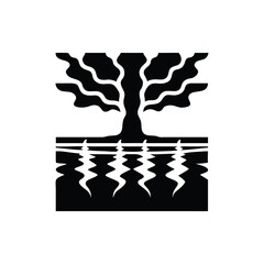 Tree roots and branches silhouette with reflection on water surface isolated on white background isolated on transparent background