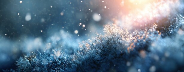 Winter scene showing frosty plants and falling snow