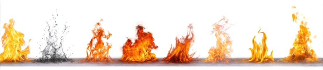 Fototapeta premium Row of various flames and smoke on white background, isolated element