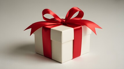 A pristine white gift box with a vibrant red ribbon and bow positioned centrally on a subtle light grey background
