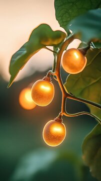 Tiny glowing spheres on a plant stem, illuminated by soft light, suggesting futuristic organic growth.