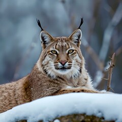 Obraz premium A lynx resting on a snowy rock in a serene forest setting.