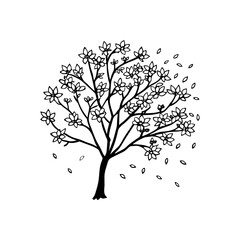 Tree with falling leaves a hand drawn illustration of a deciduous tree with branches full of small flowers and scattered leaves isolated on white background isolated on transparent background
