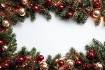 Christmas fir border with festive ornaments and lights
