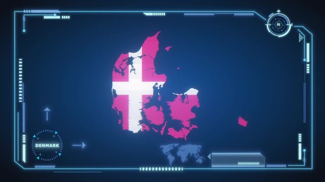 Futuristic Digital Denmark map HUD animation, global network cyber technology, government, Country Map, Politics, Travel, News, and Sports Events