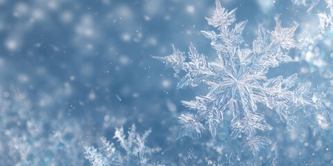 Close up of unique ice crystal snowflake on blue cold background