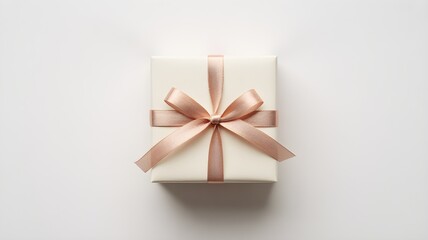 An elegantly wrapped square gift box featuring a delicate rose gold ribbon and bow against a pristine white backdrop