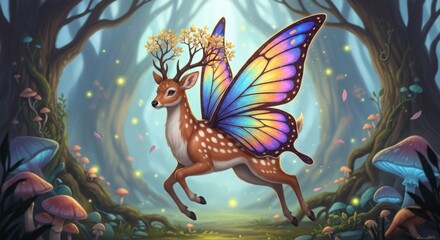 Fantasy deer with butterfly wings in forest