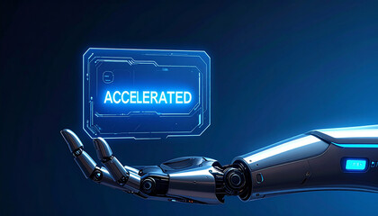 Futuristic vision of accelerated progress as a robotic hand presents a glowing digital interface, symbolizing innovation and AI development