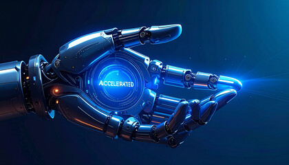 Futuristic robotic hand grasping a glowing digital interface, symbolizing accelerated technological progress, innovation, and the power of artificial intelligence