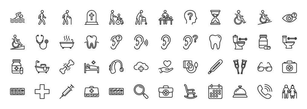 Healthcare and senior care line icon set. Vector pictograms of walker, wheelchair, stethoscope, pill bottle, crutches, thermometer, syringe, and first aid kit, thin linear illustration.