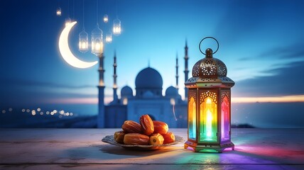 Ramadan celebration with a colorful lantern, traditional dates, and a mosque under a crescent moonlit sky, symbolizing islamic culture, spirituality, and devotion