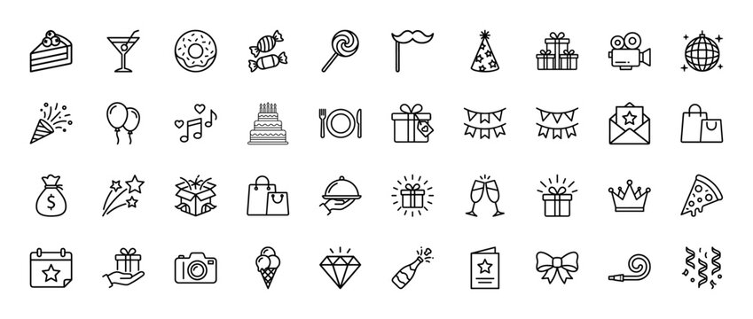 Celebration line icon set. Vector pictograms of party hats, birthday cakes, gifts, balloons, champagne, disco balls, confetti, cupcakes, and festive elements, thin linear illustration.
