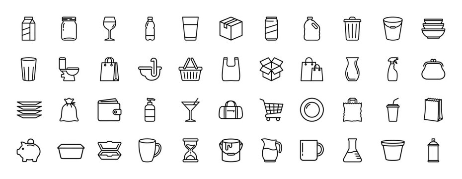 Everyday objects and containers line icon set. Vector pictograms of bottles, cans, jars, cartons, boxes, bags, buckets, dishes, and shopping carts, thin linear illustration.