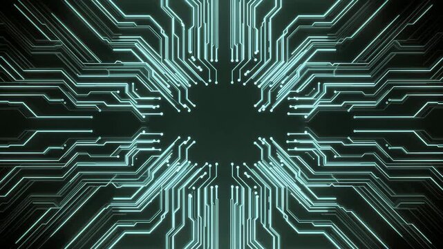 Futuristic glowing circuit lines converging toward central hub in modern digital technology design