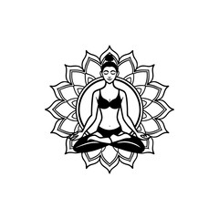 Yoga woman in lotus pose meditating with mandala pattern isolated on white background isolated on transparent background