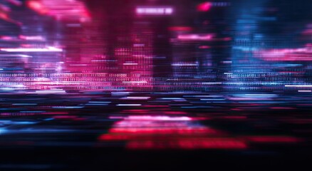 Abstract background, blurred shapes of pink and blue lights creating a futuristic vibe