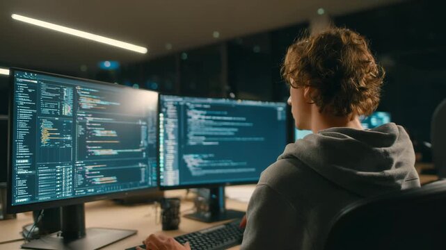 Focused programmer working on multiple screens with complex code in modern nighttime tech workspace