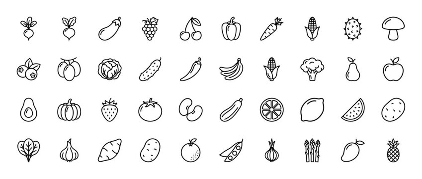 Healthy food line icon set. Vector pictograms of fruits and vegetables including grapes, carrots, corn, apples, pumpkins, and pineapples, thin linear illustration.