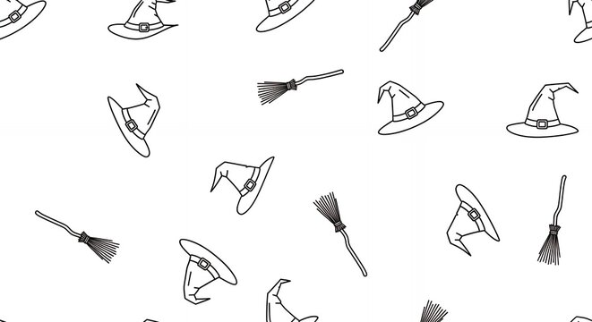 Witch hats and brooms sketched in black on white background in a seamless repeat pattern, concept for Halloween background, textile design and party invitation
