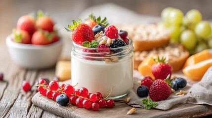 Fresh yogurt topped with mixed berries, nuts, and mint, accompanied by granola, grapes, and cherries on rustic wooden background