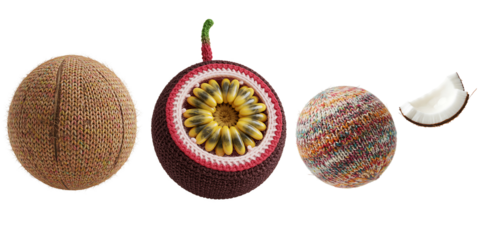 Whole and cut passion fruit with nutmeg and garlic on black background