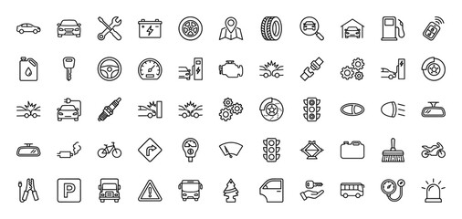 Automotive line icon set. Vector pictograms of car, tire, battery, tools, engine, crash, traffic light, fuel pump, and electric charging, thin linear illustration.