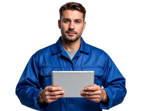 Portrait of a mechanic in a blue uniform holding a tablet, isolated on a transparent background.