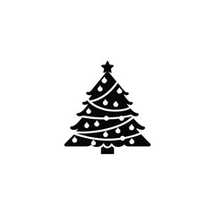 Vector illustration of a green Christmas tree with star, snow, and ornaments for a merry holiday greeting card design