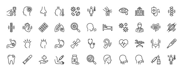 Medical line icon set. Vector pictograms of hospital, stethoscope, syringe, virus, pills, thermometer, heart, lungs, headache, bone, and doctor, thin linear illustration.