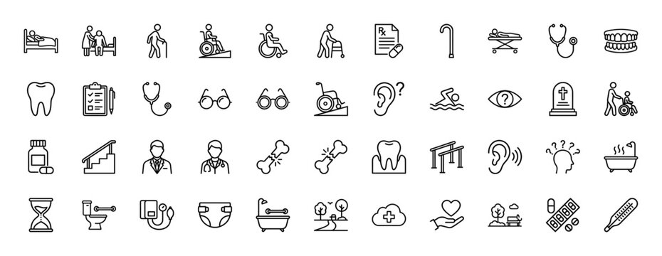Healthcare and elderly care line icon set. Vector pictograms of patient, wheelchair, doctor, prescription, broken bone, medicine, and assistive devices, thin linear illustration.