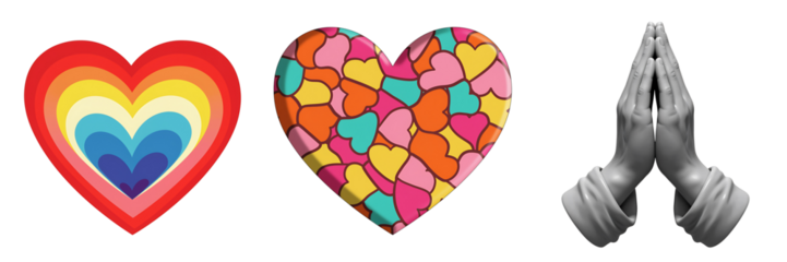 Three hearts and praying hands on a black background symbolizing love faith and hope