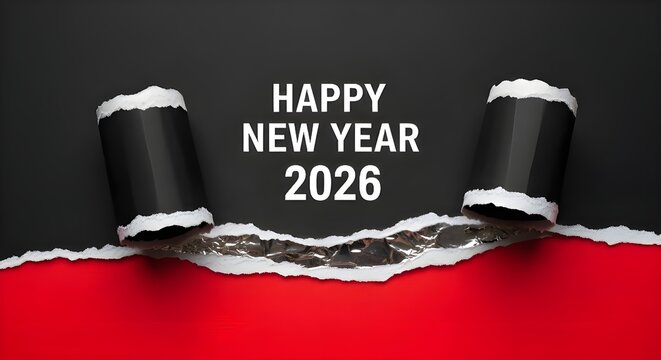 Happy new year 2026 message revealed through torn black paper, with a vibrant red background underneath, symbolizing a fresh start and the arrival of the new year