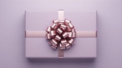 Minimalist shot of elegant light lavender rectangular gift box with metallic rose gold bow placed on solid color backdrop