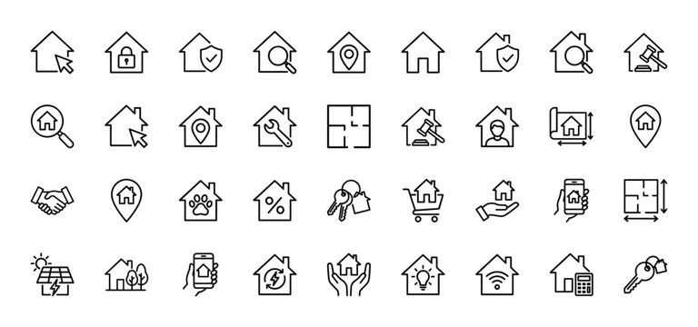 Housing line icon set. Vector pictograms of homes, search, security, location, auction, repair, floor plans, keys, solar, and smart home apps, thin linear illustration.
