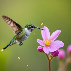 Naklejka premium High-Detail Macro Close-Up of Hummingbird Hovering Near Flower, Iridescent Feathers, Shallow Depth of Field, Natural Morning Light, Realistic Wildlife Photography
