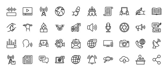 Media, news, and communication line icon set. Vector pictograms of microphone, camera, news, globe, laptop, drone, video player, radio, and satellite, thin linear illustration.