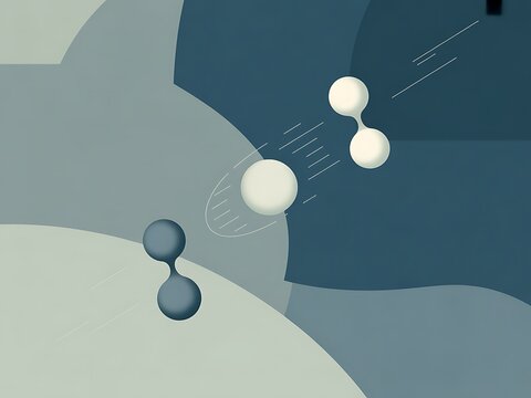 Abstract geometric shapes with connected spheres representing molecules or atoms
