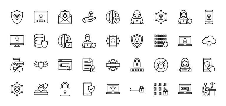 Cybersecurity line icon set. Vector pictograms of shields, padlocks, hackers, malware, data, networks, and digital devices, thin linear illustration.