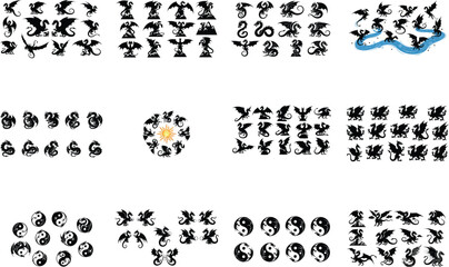 Collection of Diverse Dragon Silhouettes and Yin Yang Symbols