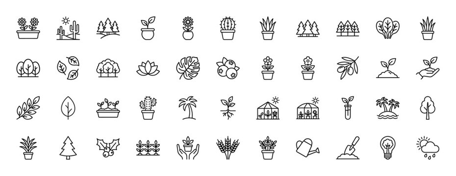 Nature and gardening line icon set. Vector pictograms of potted flowers, cactus, trees, leaves, seedlings, hands, watering cans, and greenhouses, thin linear illustration.